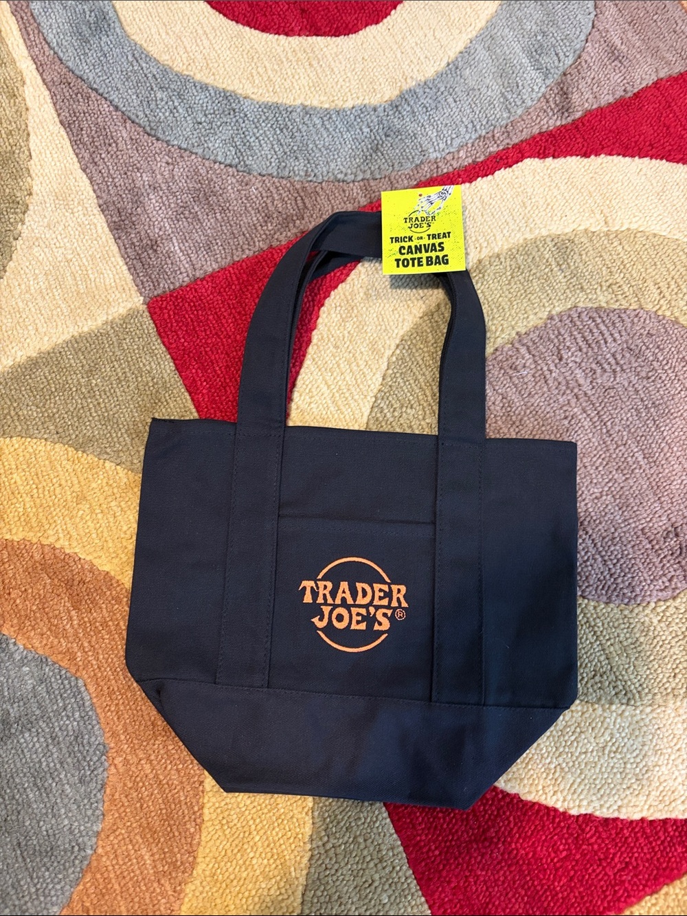NWT Trader Joe’s Black Mini Canvas Fall Halloween Tote Bag with Orange Logo